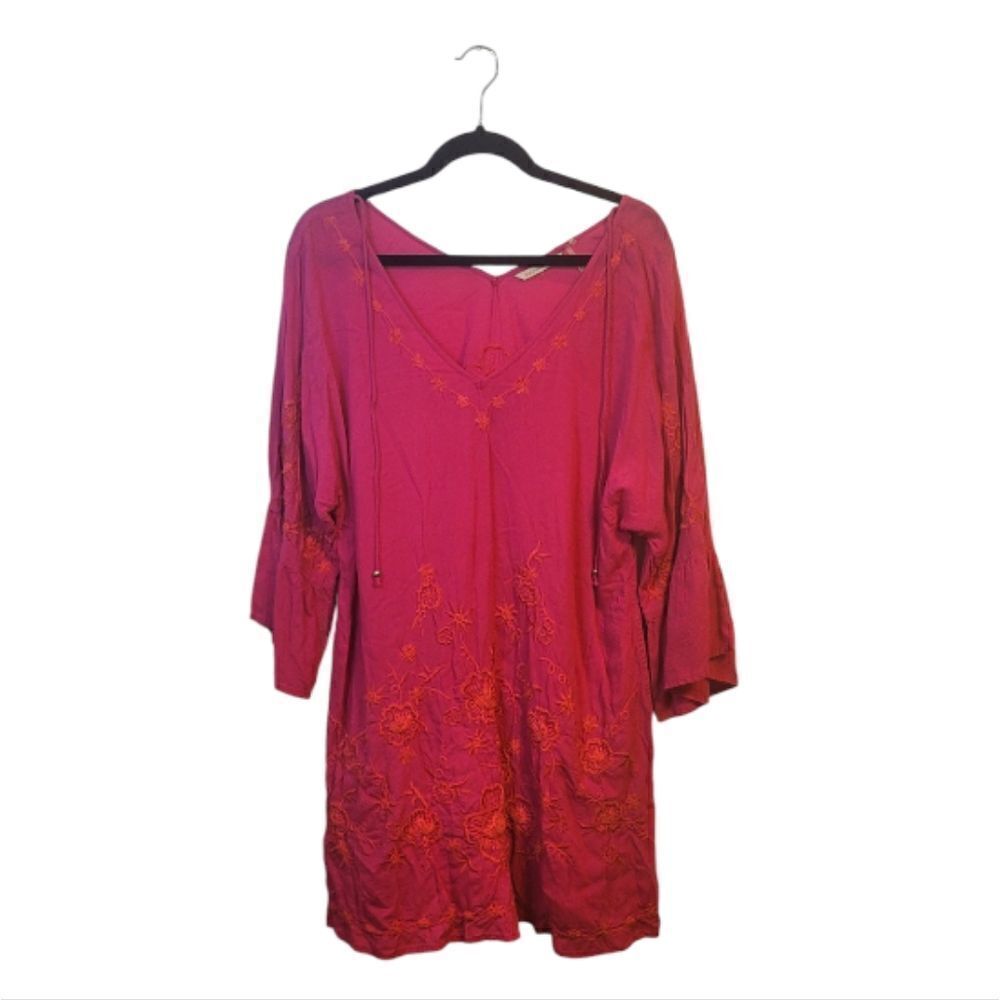 Soft Surroundings Neon Pink Floral Embroidered Boho Cover Up Blouse
